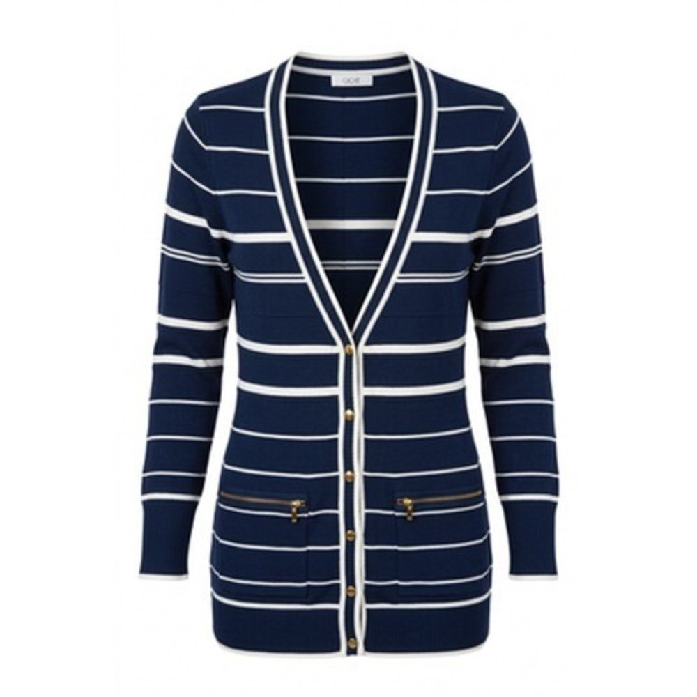 Y2K Cache Cardigan Sweater Women S Blue Stripe Gold Button Zip Pockets Nautical